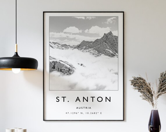 St. Anton Austria Black and White Alpine Peaks Minimalist Travel Poster
