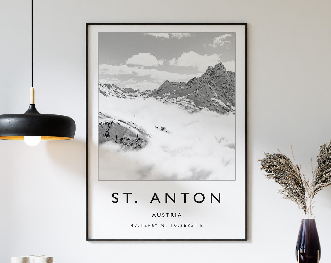 St. Anton Austria Black and White Alpine Peaks Minimalist Travel Poster