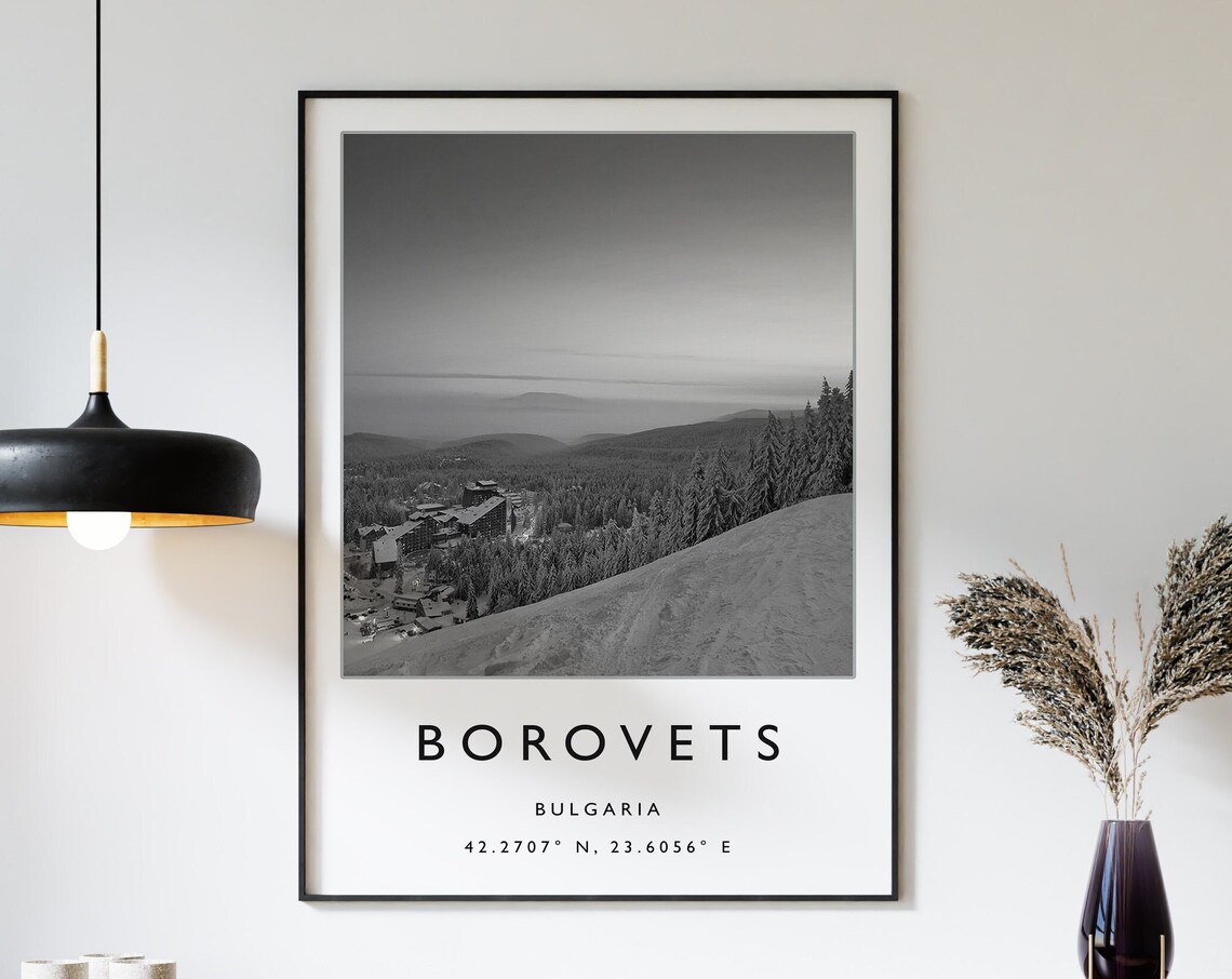 Borovets Bulgaria Ski Resort Black And White Mountain Travel Poster