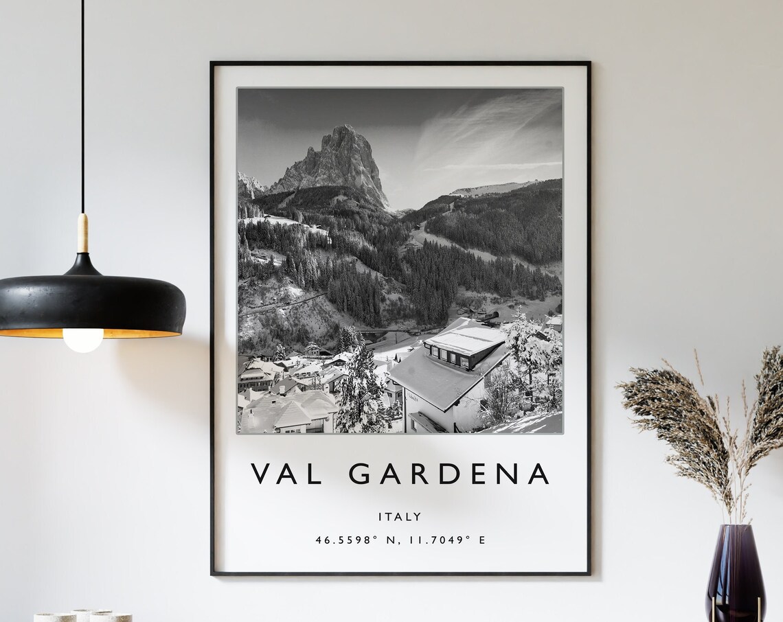 Val Gardena Italy Dolomites Snowy Village Black White Poster