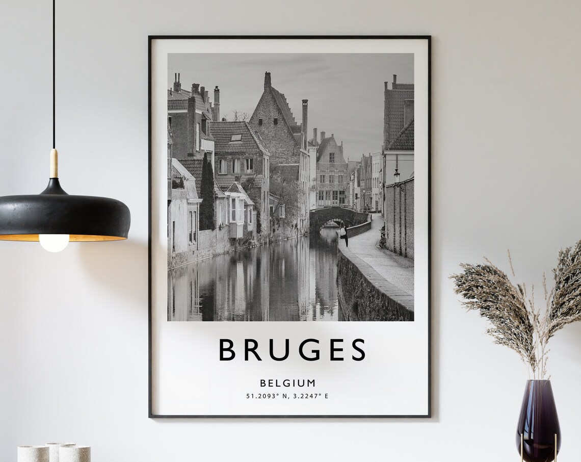 Bruges Travel Poster, Belgium Black and White Art Print