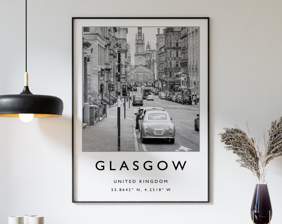 Glasgow Scotland Travel Poster, Black And White Art Print
