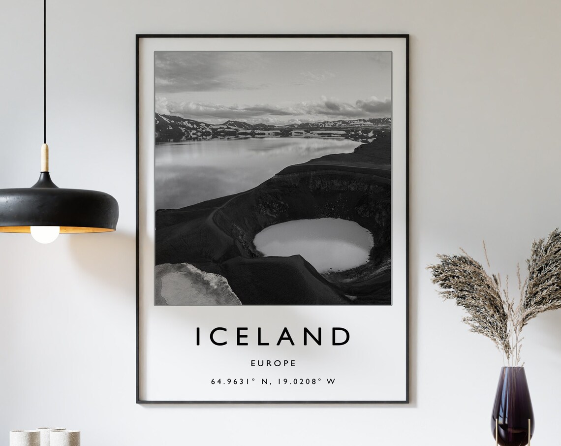 Iceland Europe Black And White Crater Lake Landscape Photo Poster