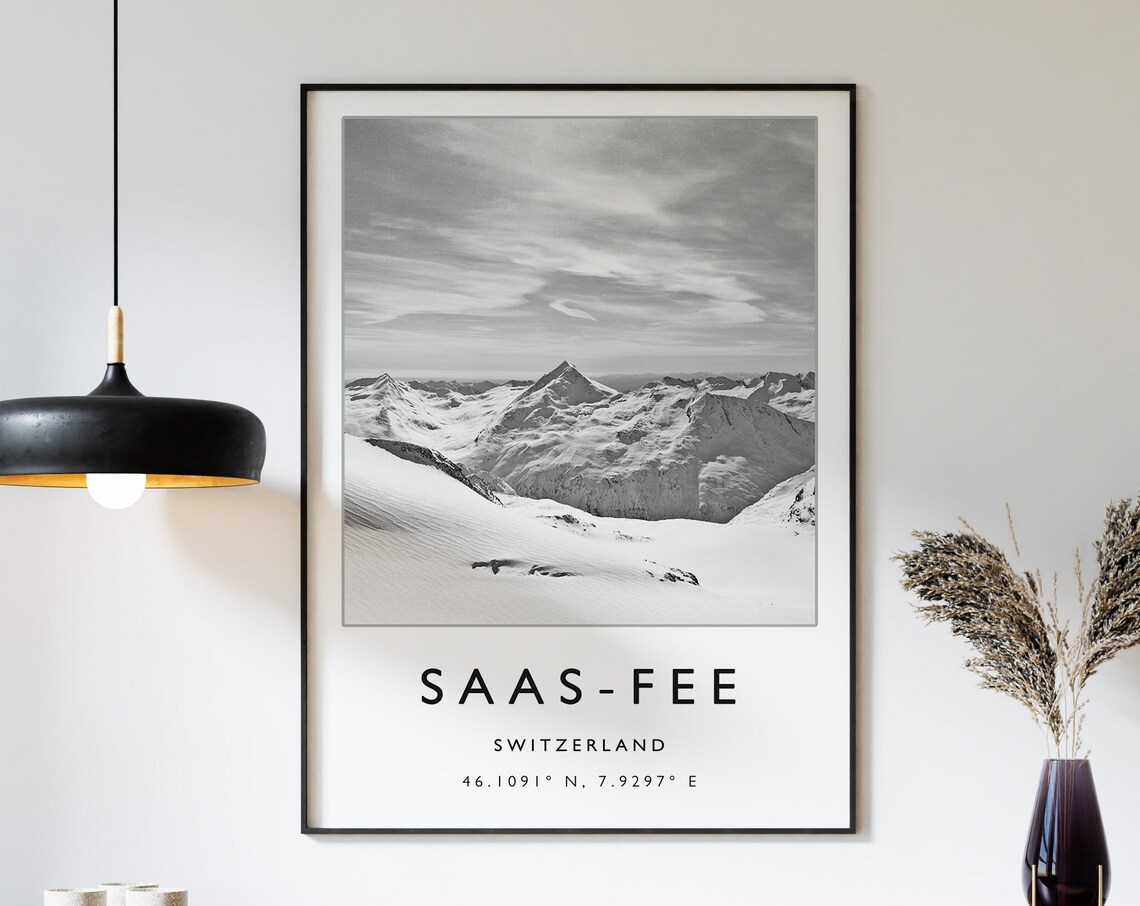 Skiing Travel Poster, Saas Fee Switzerland