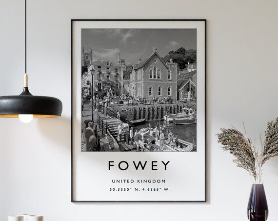 Fowey England Harbor Boats Black and White Photo Travel Poster