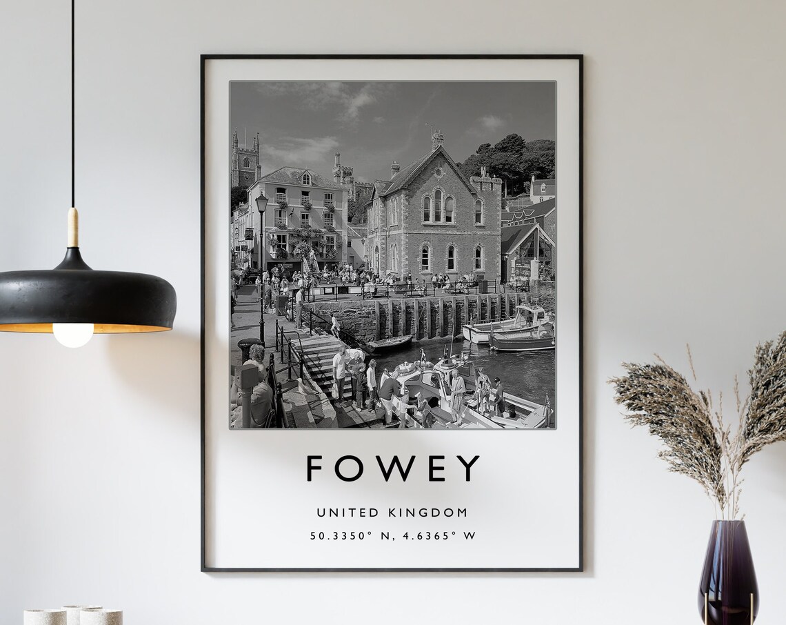 Fowey England Harbor Boats Black and White Photo Travel Poster