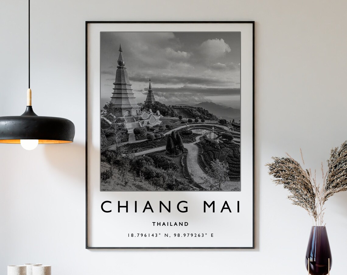 Chiang Mai Travel Poster, Black and White Travel Art