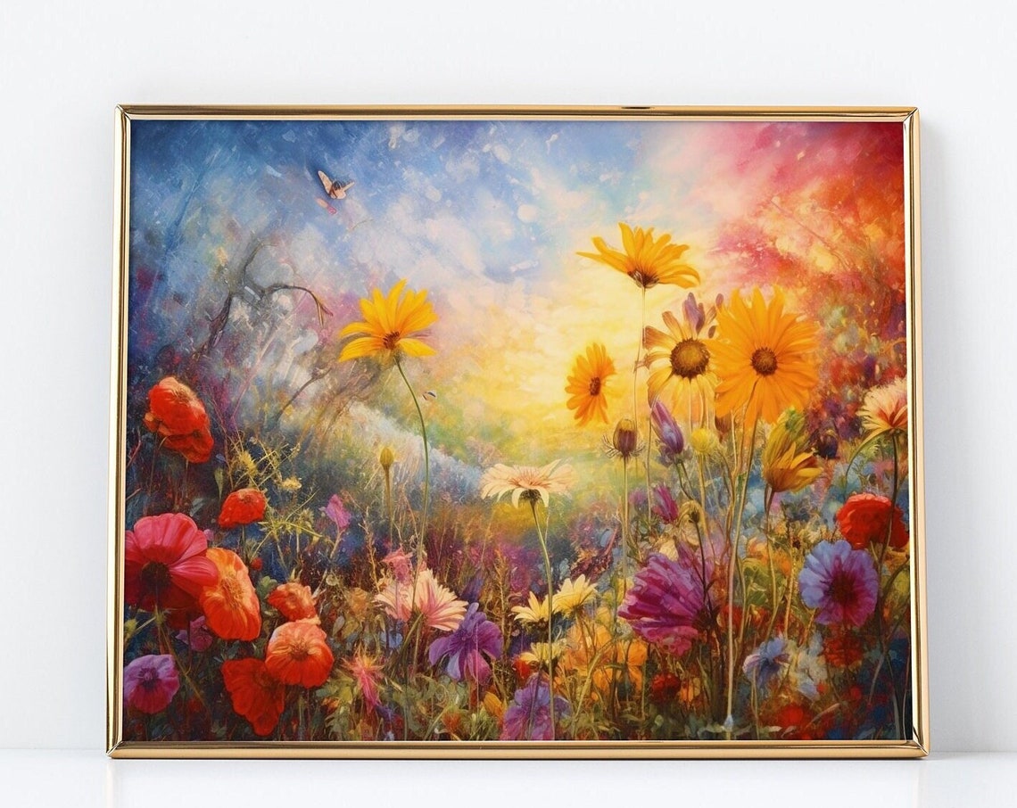 Dreamy Wildflower Meadow With Sunflowers And Butterfly Art Poster