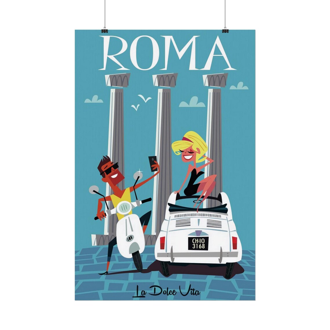 Roma La Dolce Vita Retro Scooter Ancient Columns Italian Travel Poster - Image 2