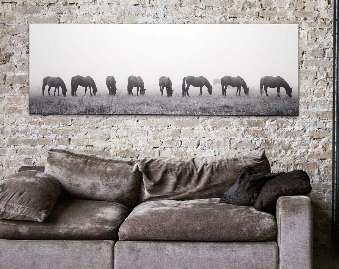 Black And White Horses Grazing In Mist Panoramic Wild Herd Poster