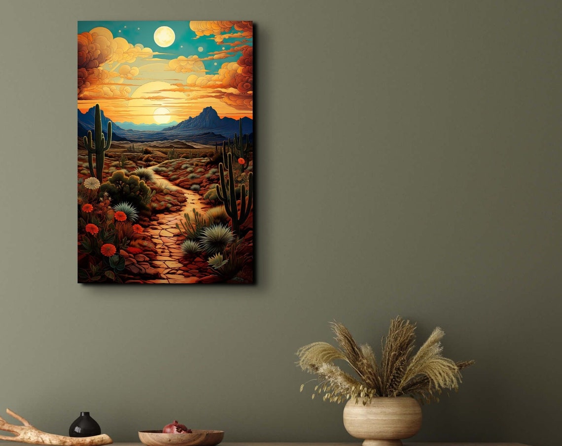 Desert Path With Cacti And Wildflowers At Sunset Trail Poster