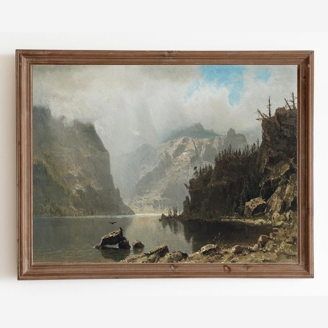 Vintage Lake Mountain Landscape, Rustic Art Print
