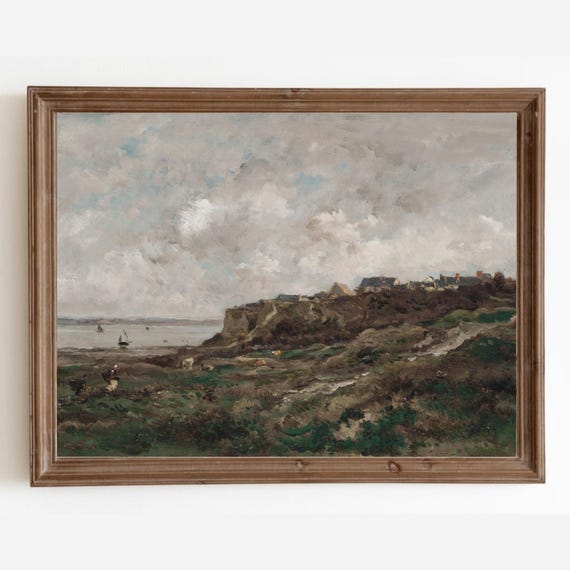 Vintage Coastal Landscape Print Rustic Seascape Wall Art Moody Antique Painting Coastal Farmhouse Decor Art