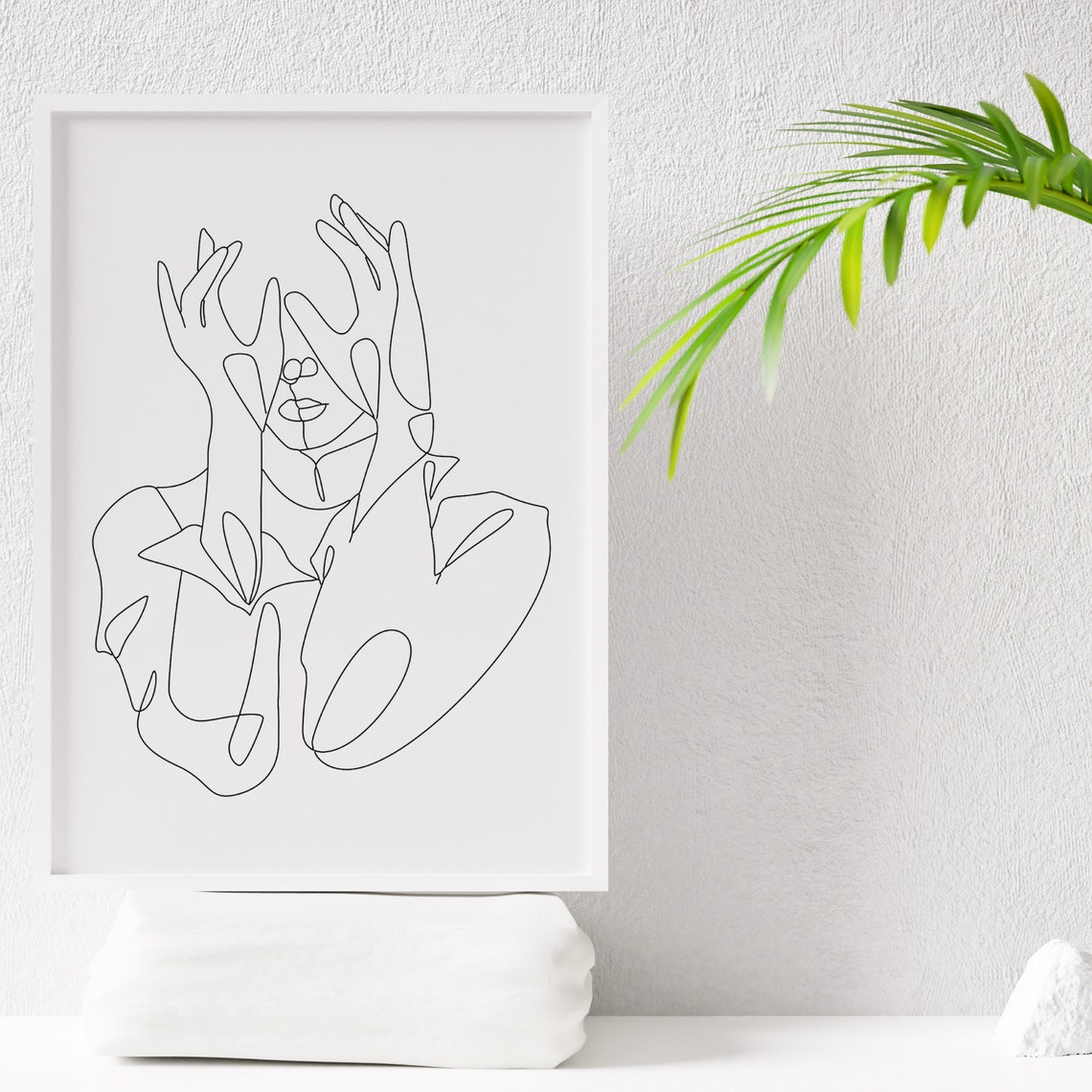 Abstract Face Hands Raised Single Line Drawing Minimalist Art Poster - Image 2