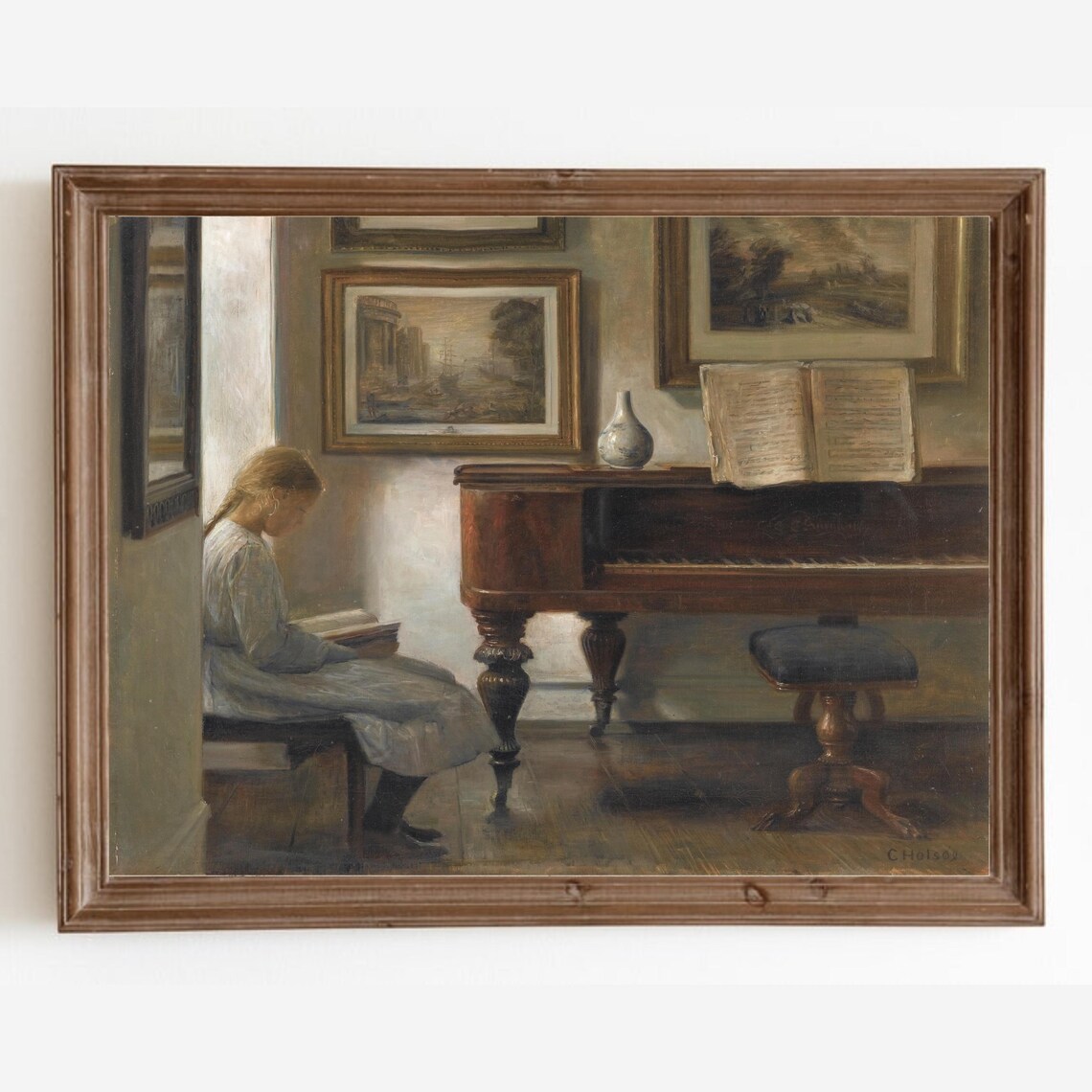 Girl Reading a Book, Vintage Piano Art Print