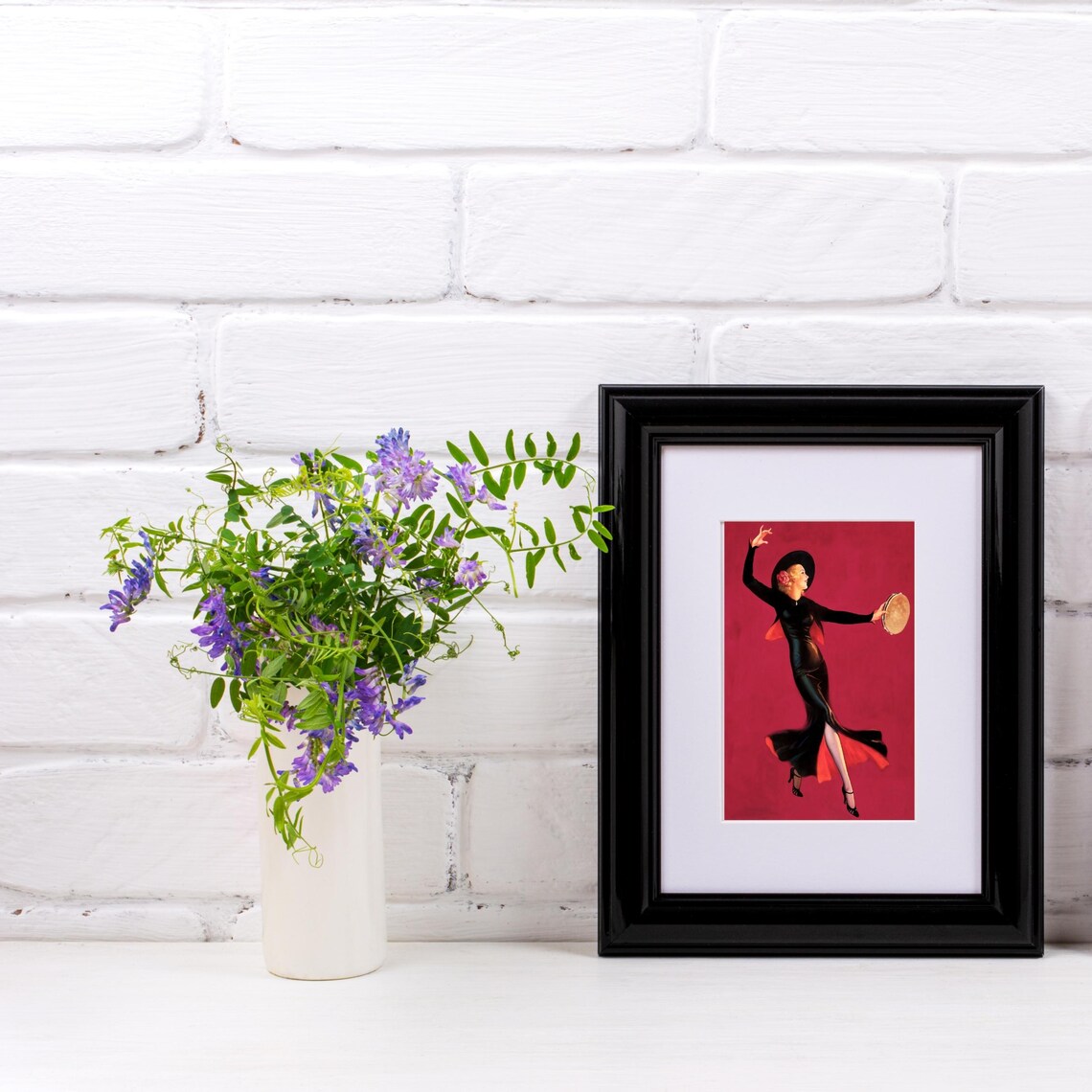 Spanish Flamenco Dancer With Tambourine On Red Vintage Art Poster - Image 2