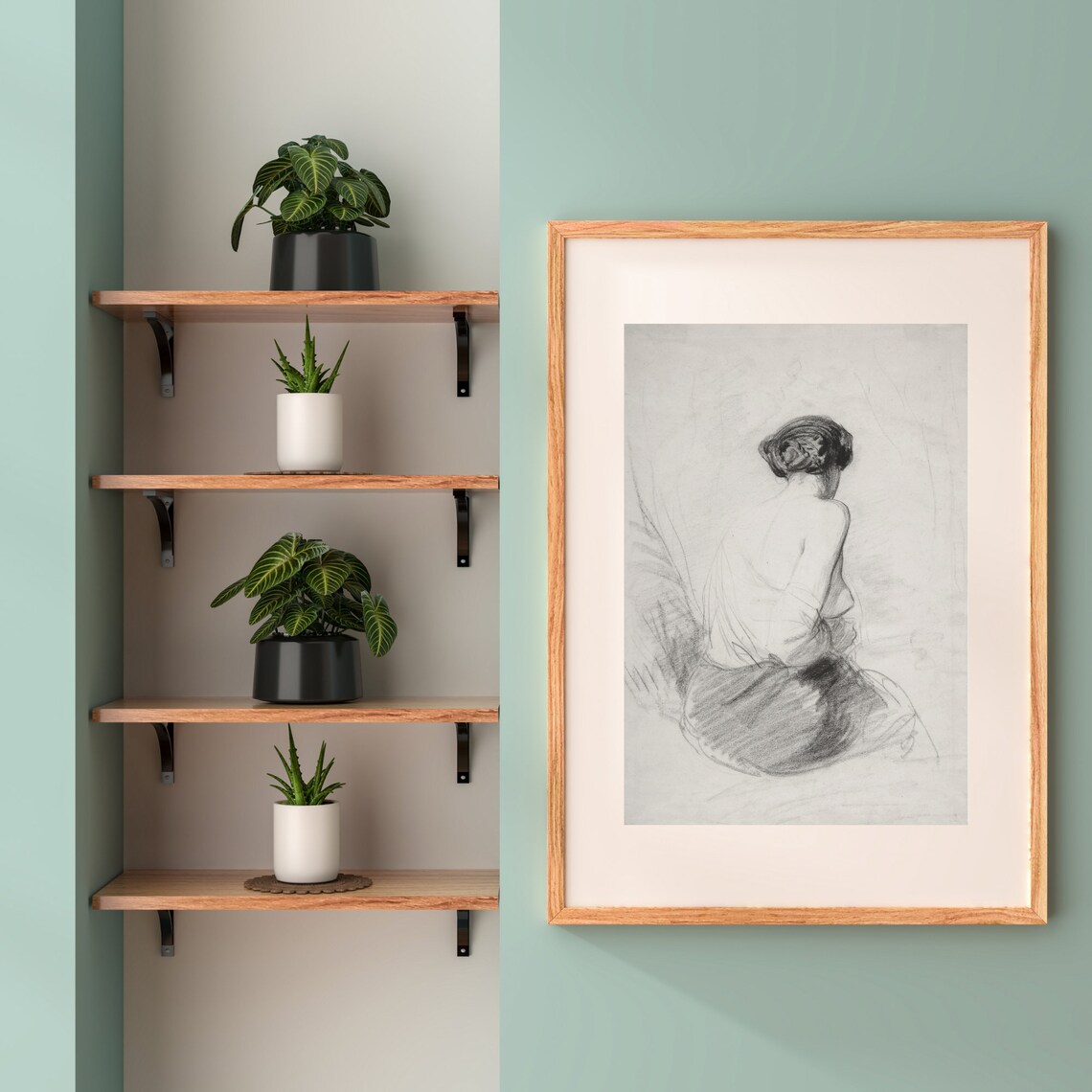 Antique Woman Figure Sketch Seated From Behind Pencil Drawing Vintage Print - Image 2