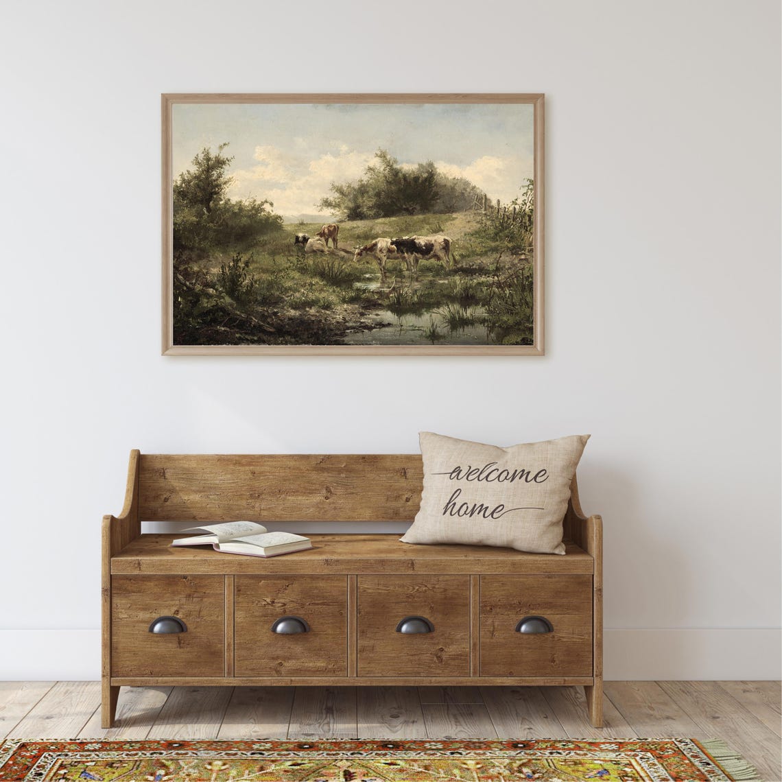 Country Landscape Print Vintage Cow Painting Meadow Landscape Painting Antique Farmhouse Decor Cattle Painting Art - Image 2