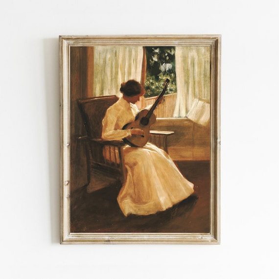 Woman Playing Guitar Vintage Portrait Art Print