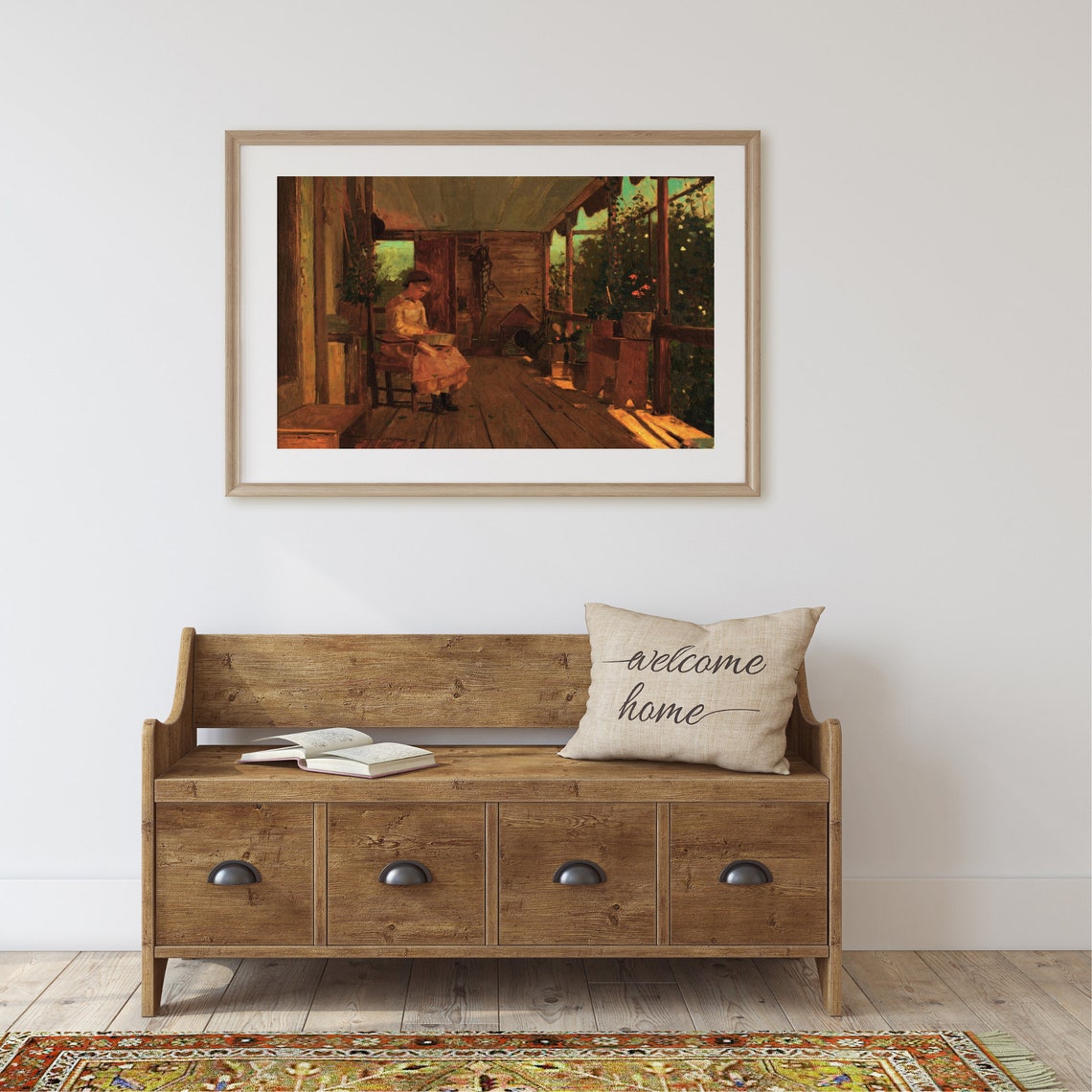Woman Reading On A Sunlit Rustic Porch Warm Vintage Art Poster - Image 2