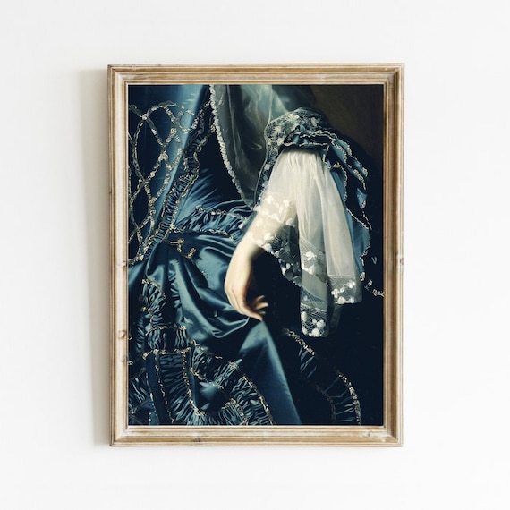 Victorian Woman Blue Satin Dress Lace Sleeve Oil Painting Detail Poster
