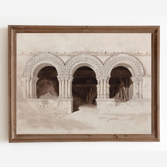 Neutral Architecture Print Vintage Watercolor Painting Antique Arches Art Art