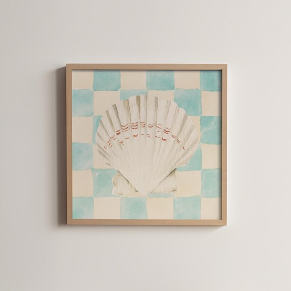 White Scallop Shell Turquoise Checkered Coastal Watercolor Art Poster