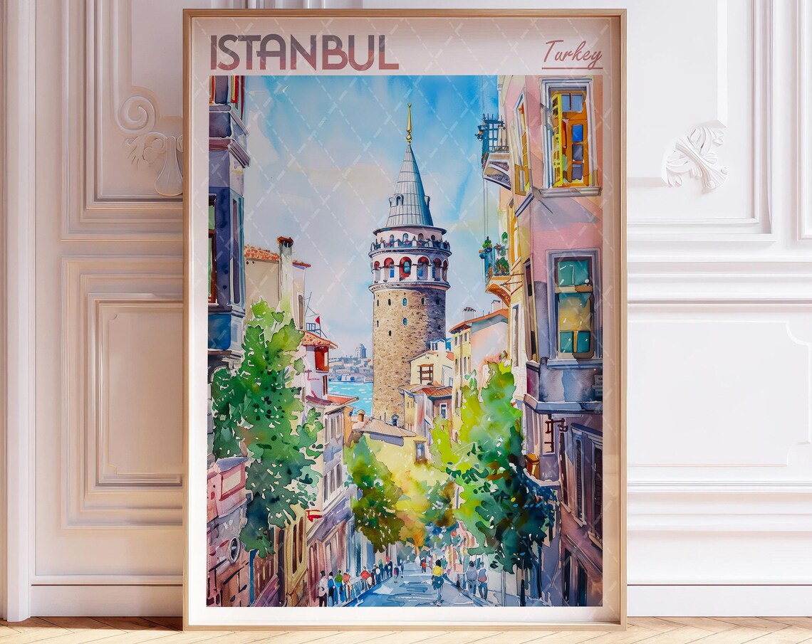 Istanbul Turkey Galata Tower Colorful Street Watercolor Poster