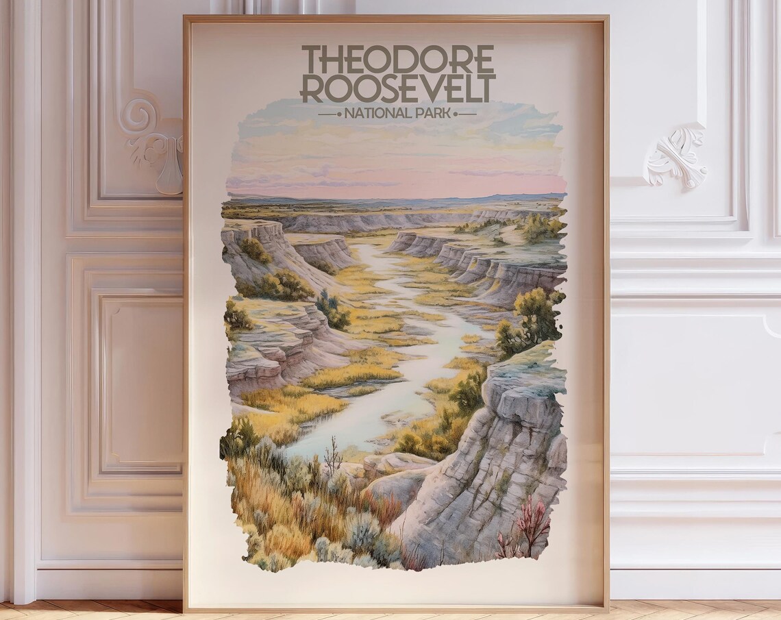 Theodore Roosevelt National Park Watercolor Poster of Badlands River