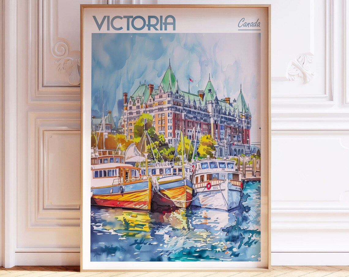 Victoria Canada Watercolor Travel Poster with Harbor Boats and Hotel