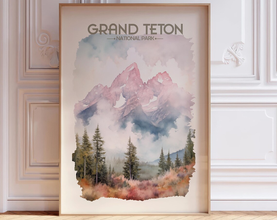 Grand Teton Misty Pink Peaks Watercolor National Park Poster