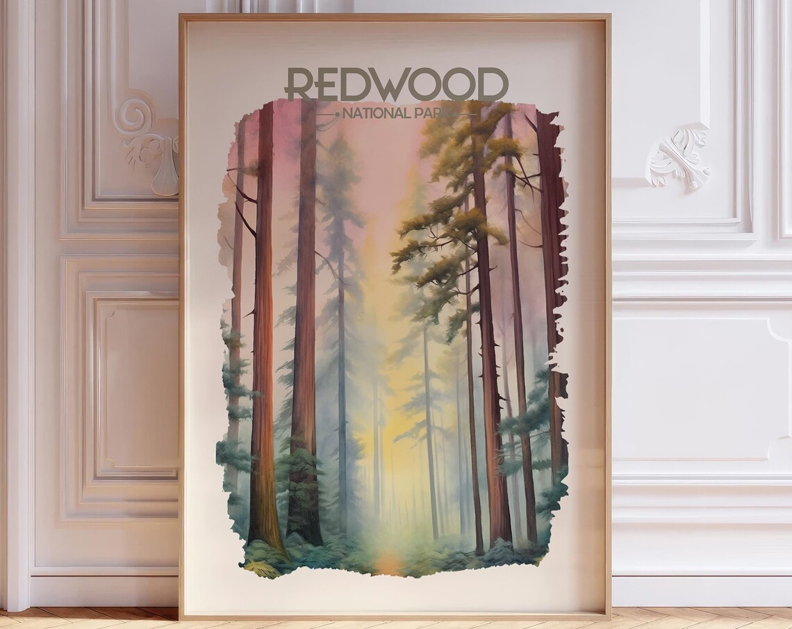 Redwood National Park Watercolor Poster Towering Trees Forest Art