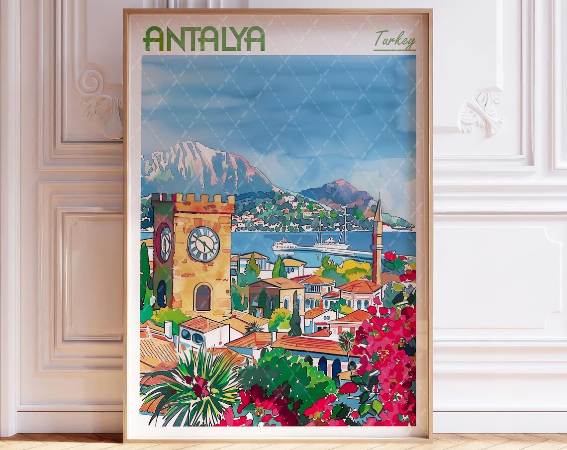 Antalya Turkey Clock Tower Old Town Harbor Watercolor Poster