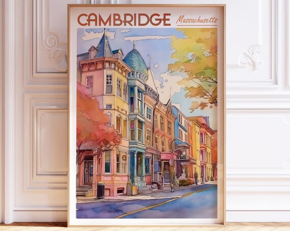Cambridge Massachusetts Colorful Historic Street Watercolor Poster