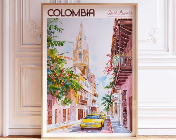 Colombia Old Town Colonial Church Street Watercolor Travel Poster