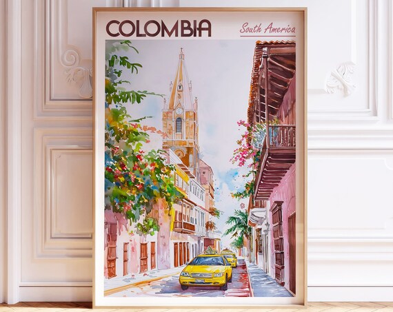 Colombia Watercolor Poster World Cities Wall Art South America Travel City Pastel Colors