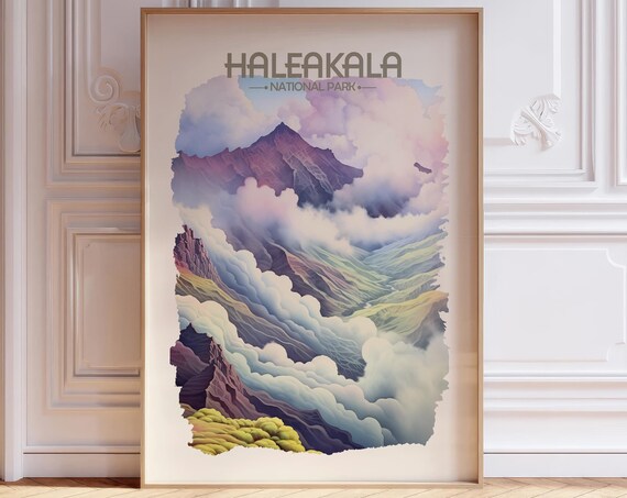 Haleakala National Park Misty Volcano Watercolor Travel Poster