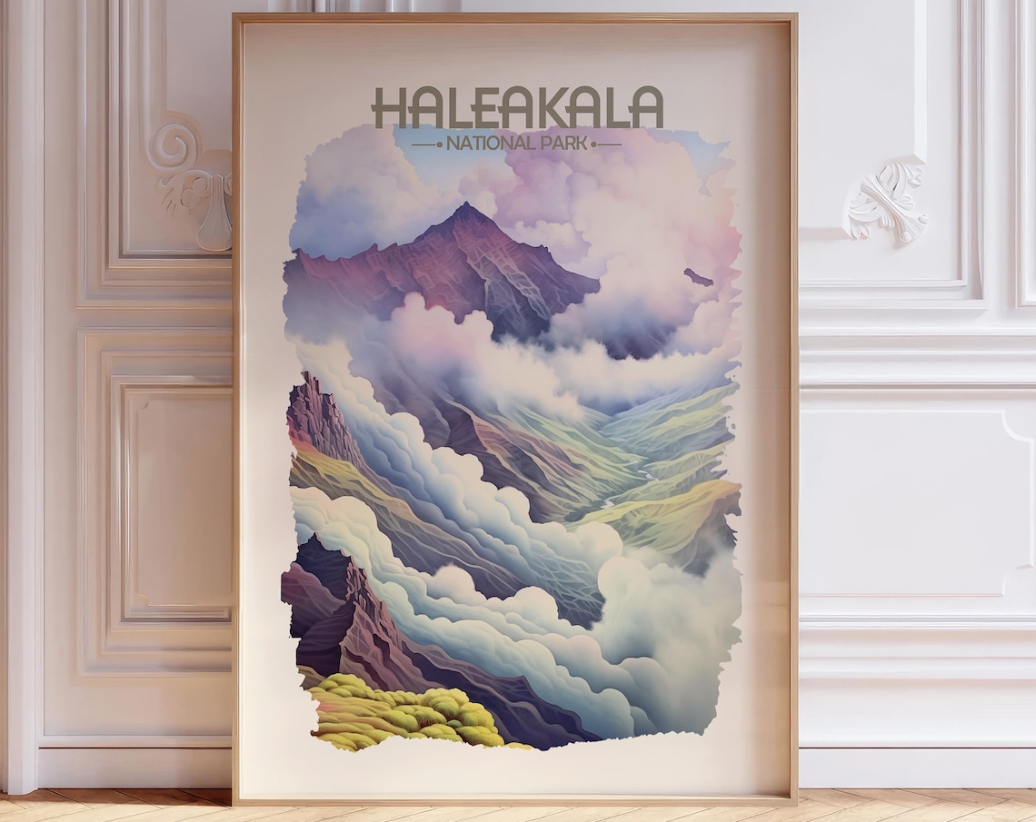 Haleakala National Park Misty Volcano Watercolor Travel Poster