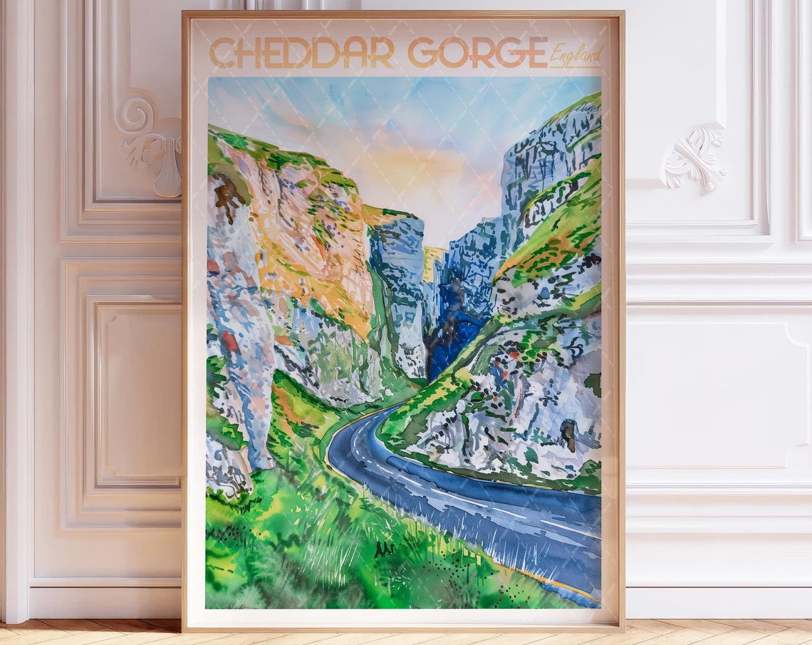 Cheddar Gorge England Watercolor Limestone Cliffs Travel Poster