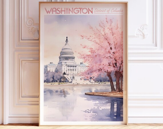 Washington DC Capitol Cherry Blossoms Spring Watercolor Poster