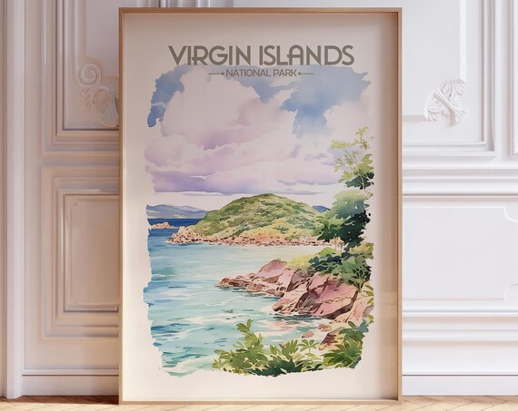 Virgin Islands National Park Watercolor Travel Poster of Tropical Coast