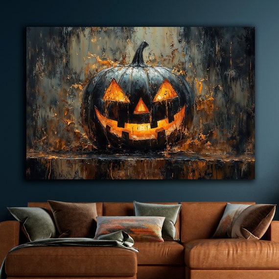 Black Pumpkin With Eerie Glow Canvas Wall Art Abstract Halloween Decor Jack O Lantern Painting Print Creepy Smile Poster Gift Ready To Hang