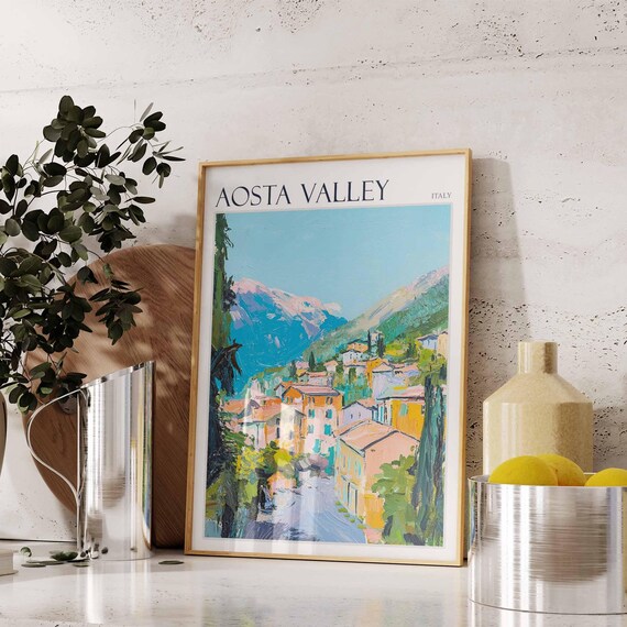 Aosta Valley Italy Village Street Pastel Houses Mountain Poster