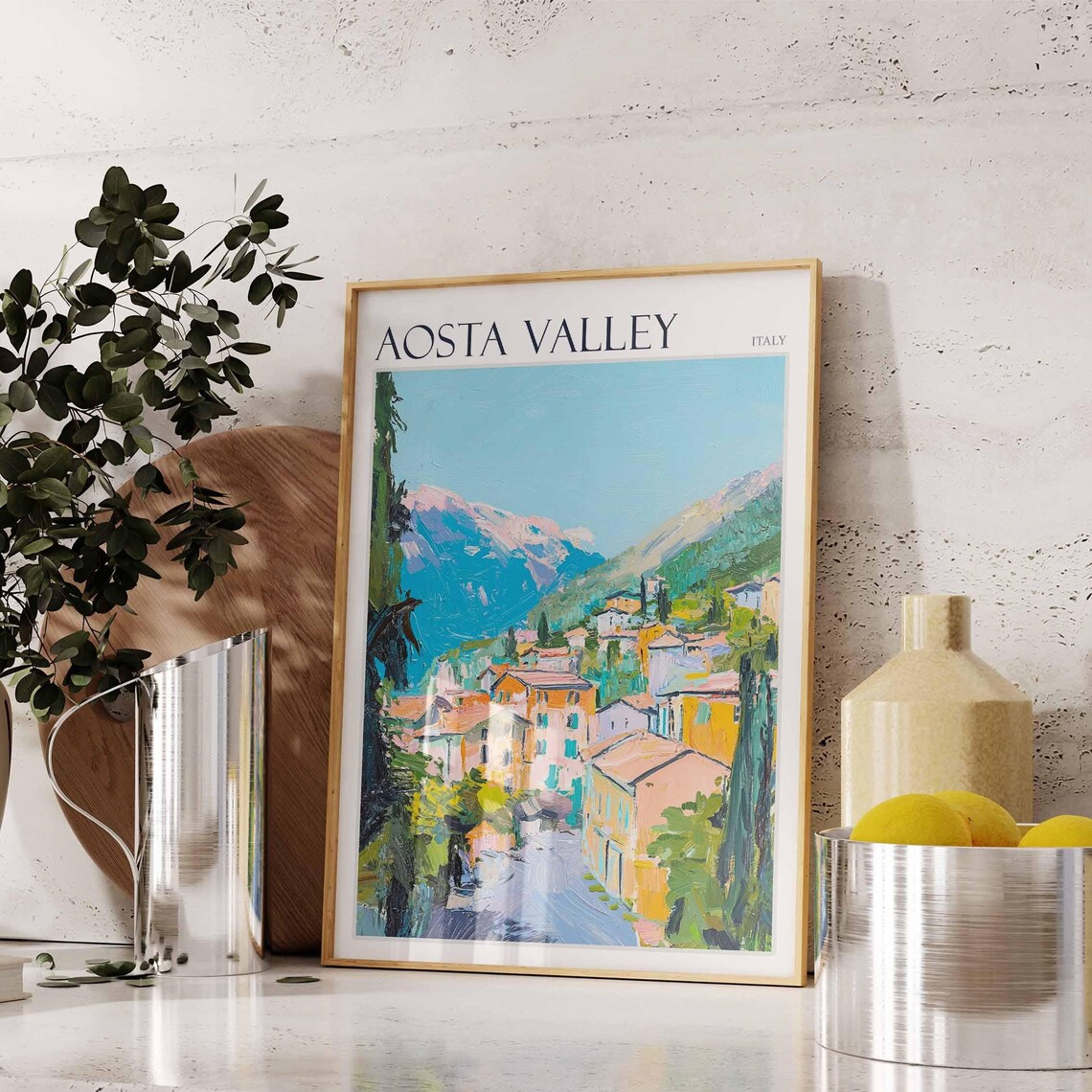 Aosta Valley Italy Village Street Pastel Houses Mountain Poster
