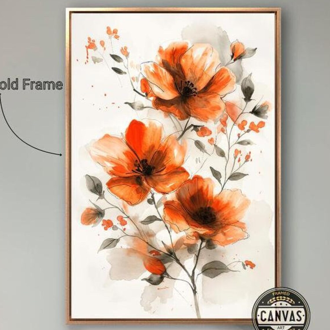 Orange Poppy Blooms Watercolor Floral Botanical Elegant Art Poster