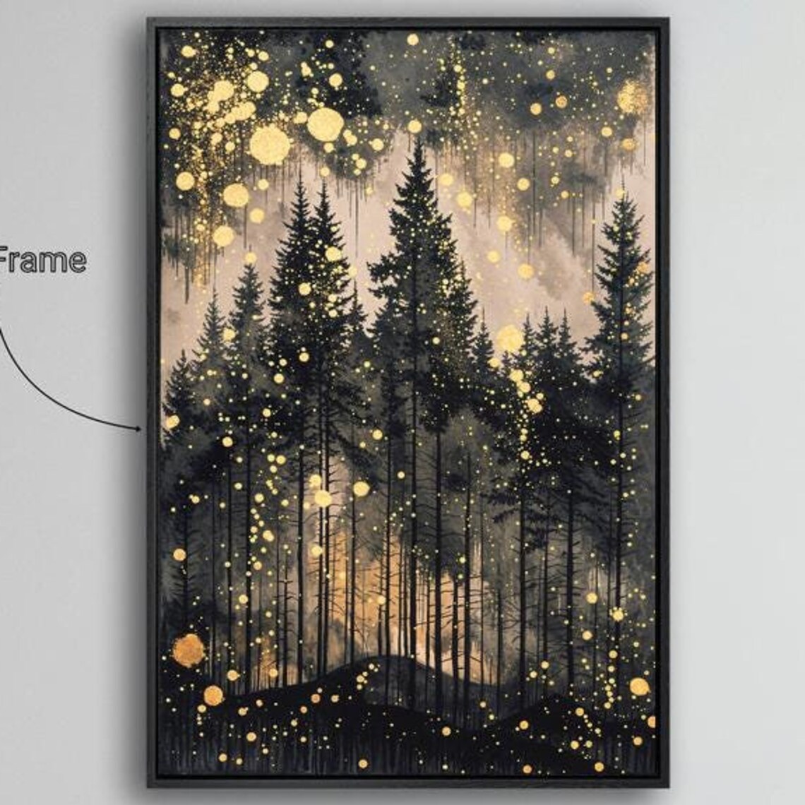 Mystical Pine Forest Golden Starry Night Enchanted Woods Wall Art Poster