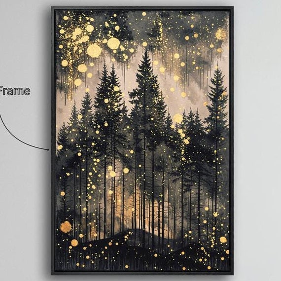 Mystical Pine Forest Framed Wall Art Golden Starry Night Sky Painting Print Enchanted Woods Wall Decor Vertical Poster Ready To Hang