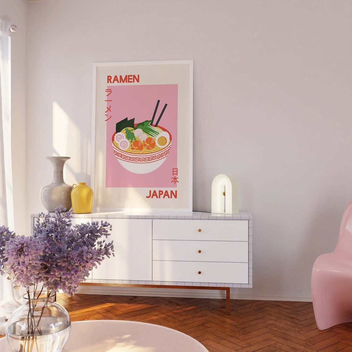 Japanese Ramen Bowl Poster with Pink Kitchen Art and Chopsticks - Image 4