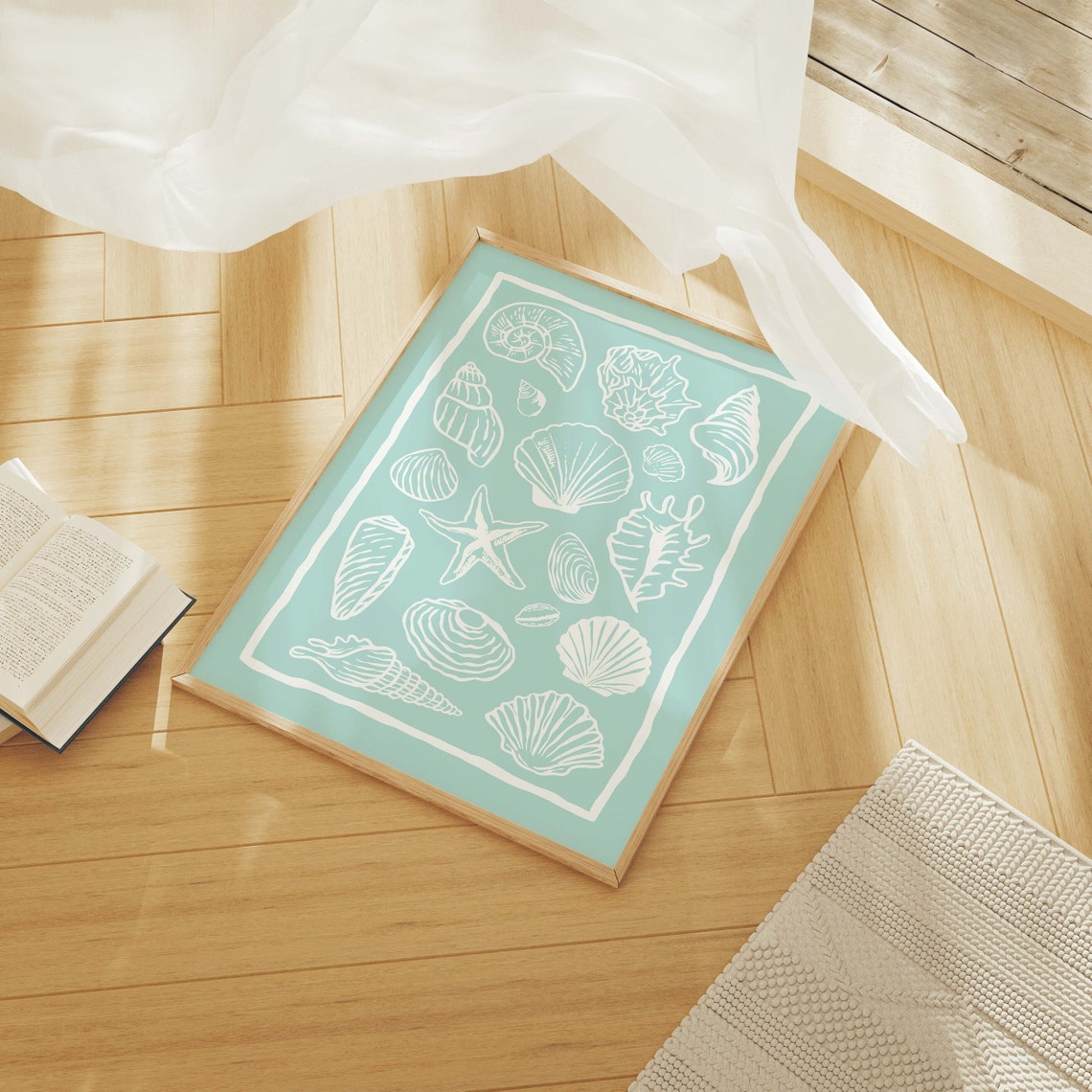Mint Seashell Collage White Line Art Starfish Beach Decor Poster - Image 3