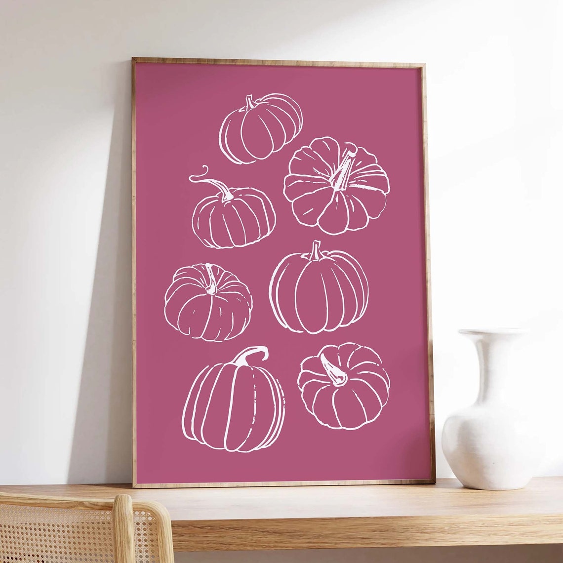 Pumpkins White Line Art Mauve Sketch Rustic Fall Wall Decor Poster - Image 3